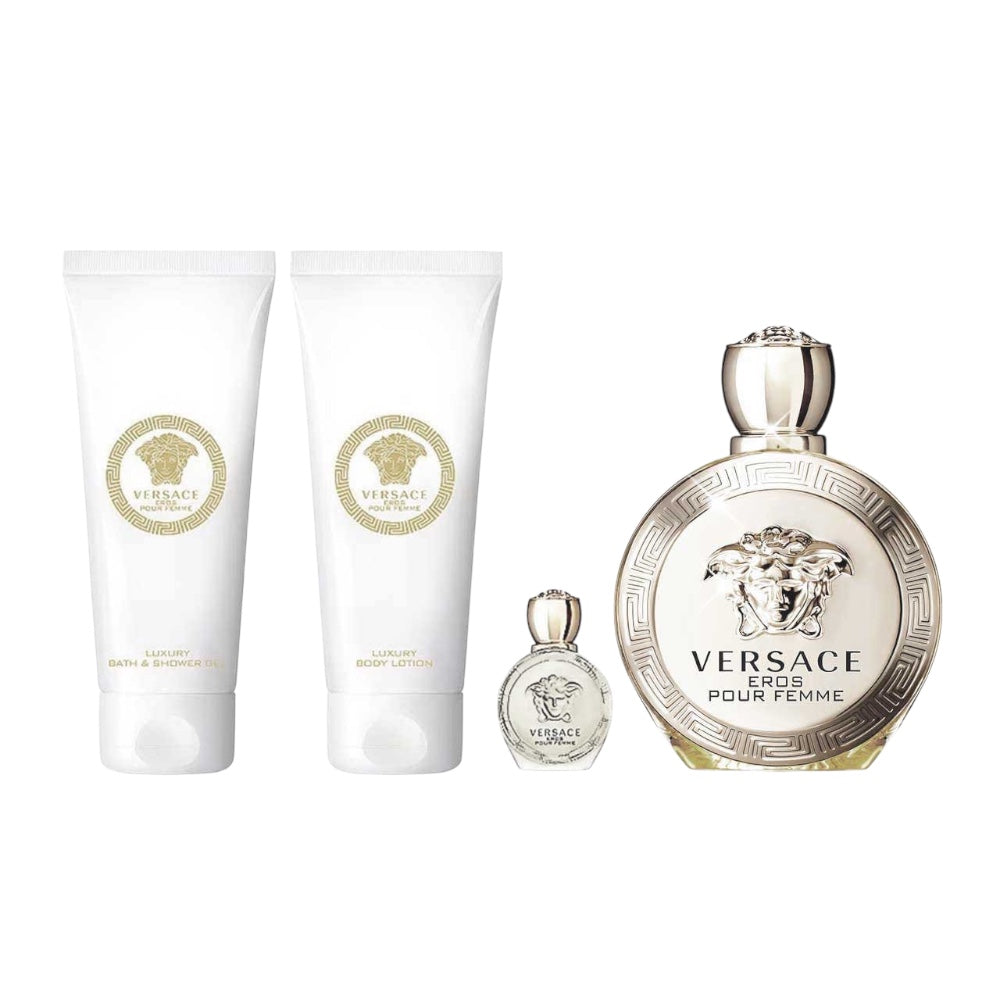 Versace Eros Pour Femme Set 4 Pz Woman EDP 100ml/ Gel De baño 100ml/ Body Lotion 100ml/ EDP 5 ml