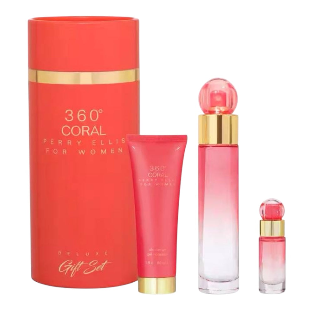 Perry Ellis 360 Coral Women Set 3pcs EDP 100ml/ Body Shower 90ml/ Mini 10ml