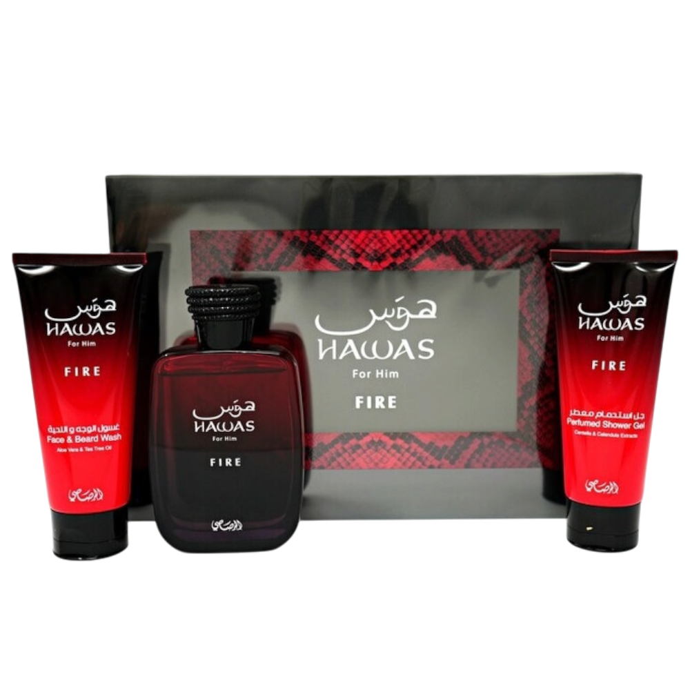 Rasasi Hawas Fire Set 3pcs Men EDP 100ml/ Limpiador De Rostro 100ml/ Body Gel 100ml