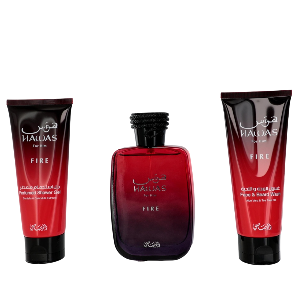 Rasasi Hawas Fire Set 3pcs Men EDP 100ml/ Limpiador De Rostro 100ml/ Body Gel 100ml