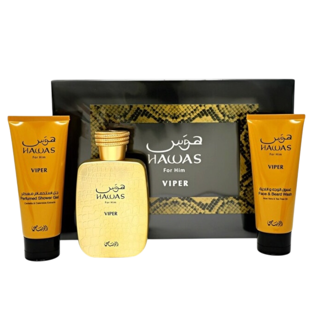 Rasasi Hawas Viper Set 3pcs Men EDP 100ml/ Face & Beard Wash 100ml/ Shower Gel 100ml