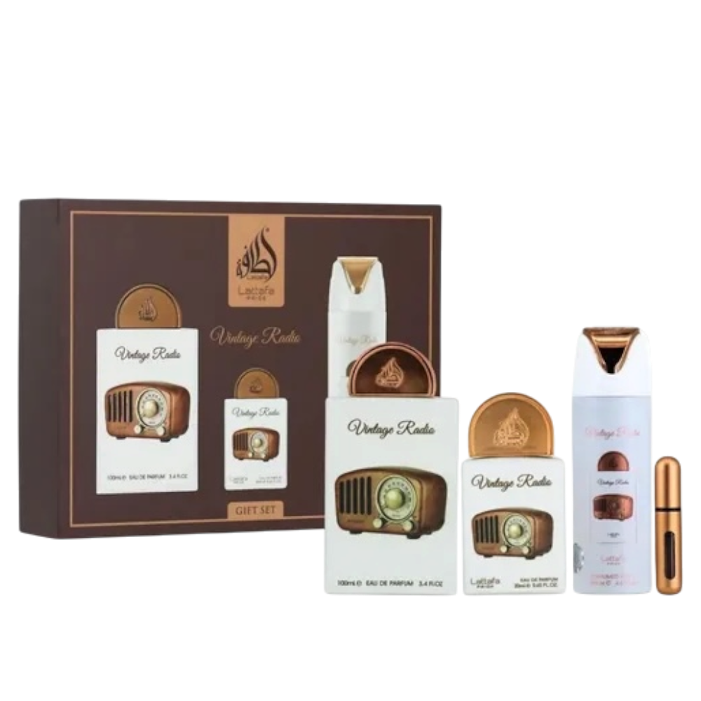 Lattafa Pride Vintage Radio Unisex Set 4pcs EDP 100ml/ Mini 10ml/ Body Spray 200ml/ Atomizador