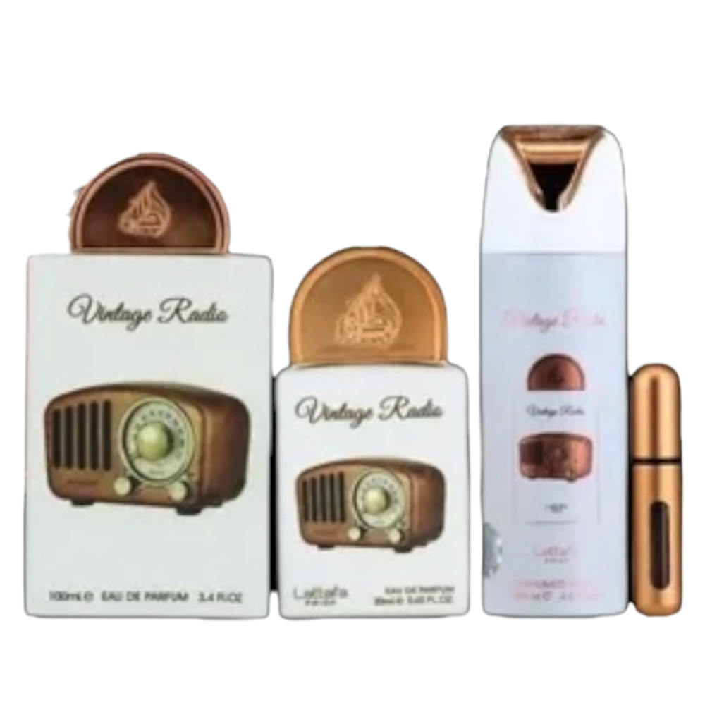 Lattafa Pride Vintage Radio Unisex Set 4pcs EDP 100ml/ Mini 10ml/ Body Spray 200ml/ Atomizador
