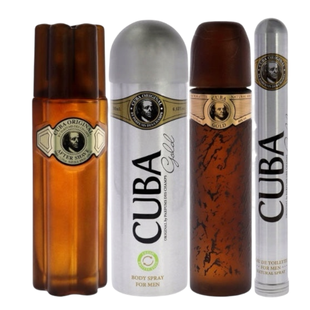 Cuba Gold Cubeta Set Men 5 Pz EDT en aerosol de 100 ml, desodorante en aerosol de 190 ml, loción para después del afeitado de 100 ml, EDT en aerosol de 30 ml con balde.