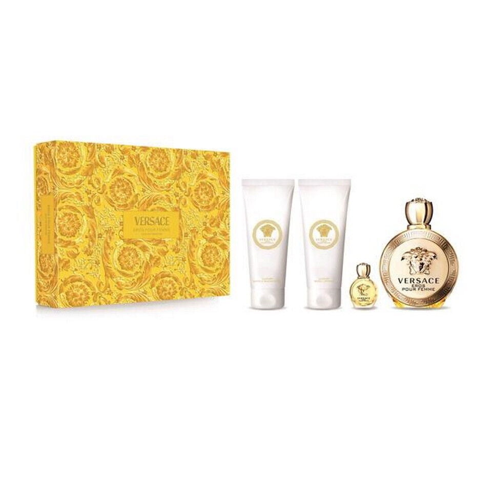 Versace Eros Pour Femme Set 4 Pz Woman EDP 100ml/ Gel De baño 100ml/ Body Lotion 100ml/ EDP 5 ml