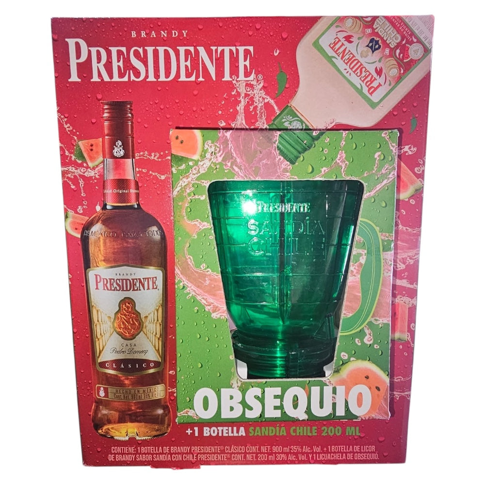 Brandy Presidente Clasico 900ml + Licuachela + Presidente de sabores 200ml