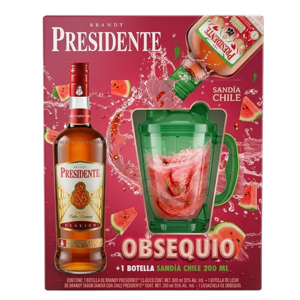 Brandy Presidente Clasico 900ml + Licuachela + Presidente de sabores 200ml