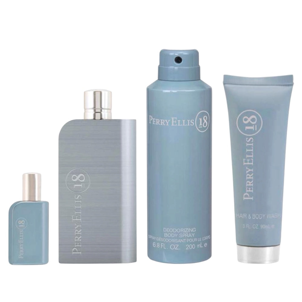 Perry Ellis 18 Men Set 4 Pz EDT 100ml/ Body Sp 200ml/ Hair&Body Wash 90ml/ EDT 7.5 ml