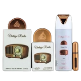 Lattafa Pride Vintage Radio Unisex Set 4pcs EDP 100ml/ Mini 10ml/ Body Spray 200ml/ Atomizador