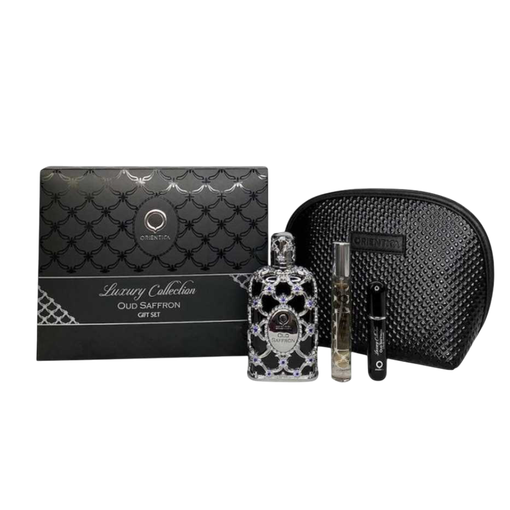 Orientica Oud Saffron Men 4pcs EDP 80ml/ Mini 7.5ml/ Atomizador 10ml/ Bolsa