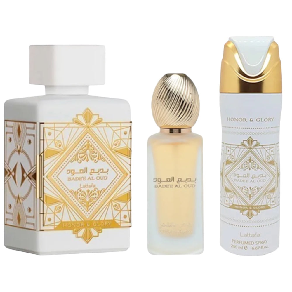 Lattafa Badee AlOud Honor And Glory Unisex 3Pcs EDP 100ml/ Desodorante 200ml/ Hair mist 50ml
