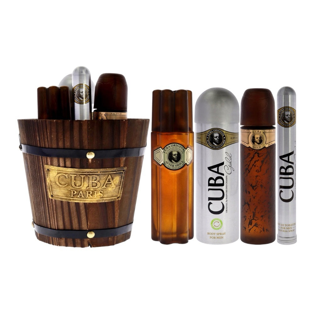 Cuba Gold Cubeta Set Men 5 Pz EDT en aerosol de 100 ml, desodorante en aerosol de 190 ml, loción para después del afeitado de 100 ml, EDT en aerosol de 30 ml con balde.